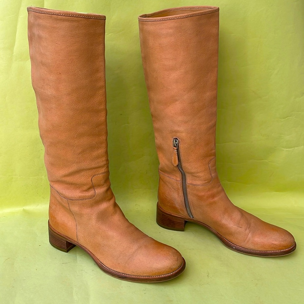 Orange/cream Prada pebbled all leather pull up riding boots - Picture 9 of 16